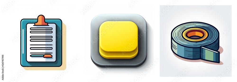 Poster three icons in vector style: a clipboard with paper and pen, a square yellow button, and a roll of b