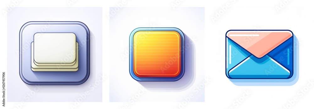 Aufkleber Three app icons in a row. The first is a stack of papers on a rounded square, second is an orange rounded square, and the third is a blue envelope.