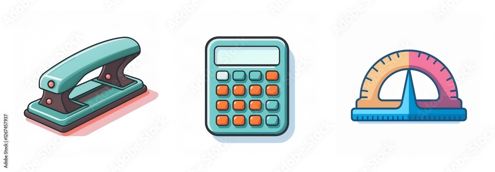 Poster three stationery items are displayed on a white background: a teal hole puncher, a blue calculator w