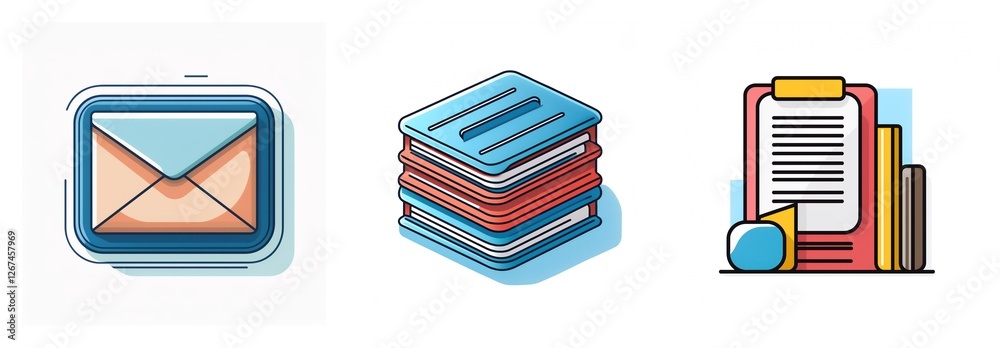 Poster three icons depict an email envelope, stacked books, and a clipboard with paper and books. these rep