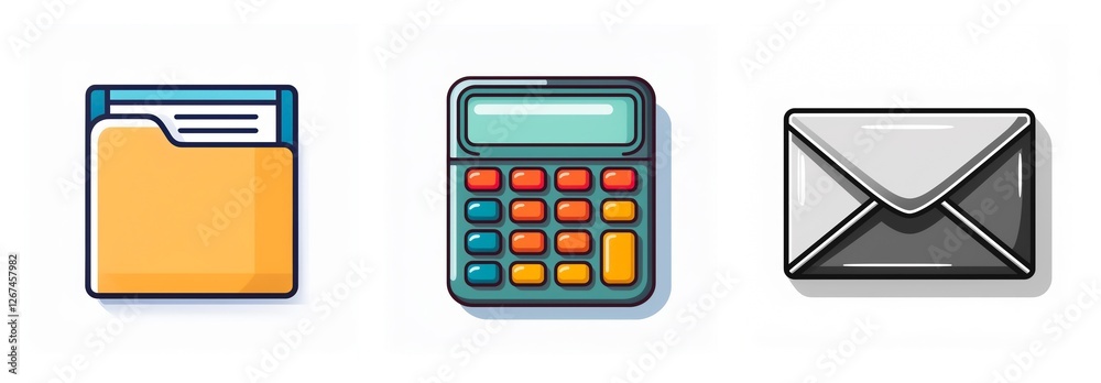 Aufkleber Three office icons are displayed: a file folder for documents, a digital calculator for math, and a closed envelope for email communication.