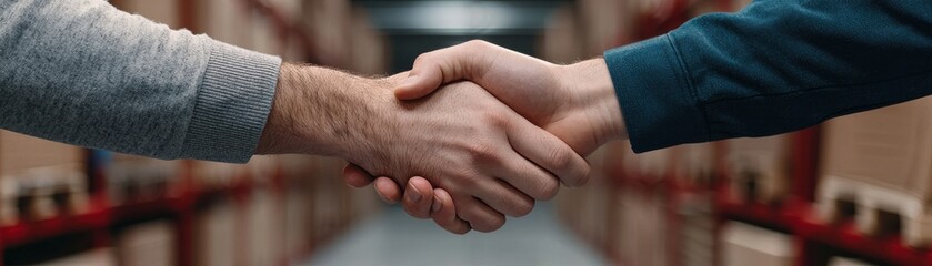 Fototapeta premium Close-Up of Two Hands Shaking in a Warehouse Setting Signifying Agreement and Partnership in Business