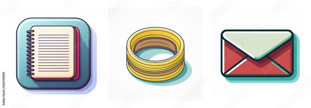 Aufkleber three icons displayed: a notebook with a spiral binding, a gold coil, and a red envelope, all render