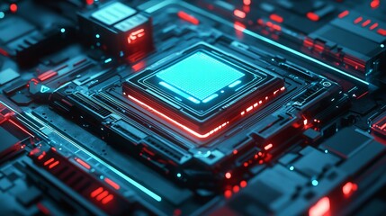 Fototapeta premium Abstract Futuristic Technology Circuit Board Digital Art Neon Red Blue Glowing Lines Modern Design High Tech Cyberpunk Background Detailed Render 3D 
