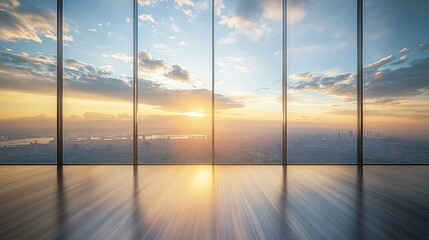 Fototapeta premium Luxurious Empty High-Rise Room with Expansive City Views at Sunset