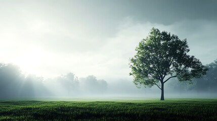 Misty morning in a spring forest, fresh and serene, 3D illustration