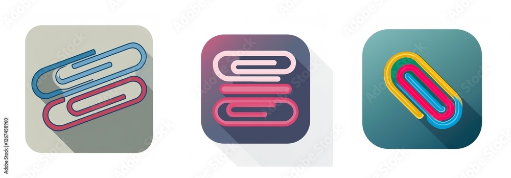 Poster Three square icons display paper clips: one with blue and red clips, another with pink stacked clips, and a colorful single clip, each casting a shadow.