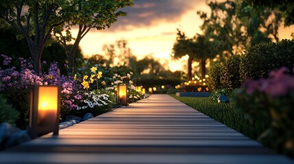 Obraz premium Romantic garden, candlelit pathway with flowers, 3D illustration