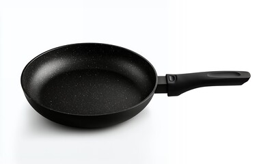 High-quality black nonstick frying pan with smooth interior and ergonomic handle on white background for cooking