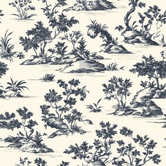 Minimalist Toile de Jouy Seamless Pattern Featuring Scenic Landscape and Flora in Monochrome