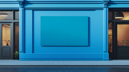 blank billboard in front of a blue building . Wall Mounted Storefront Sign Mockup
