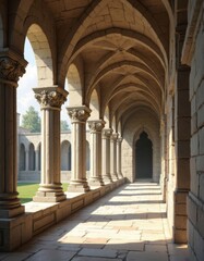 Fototapeta premium Arched Stone Corridor with Ornate Pillars and Gothic Doorway