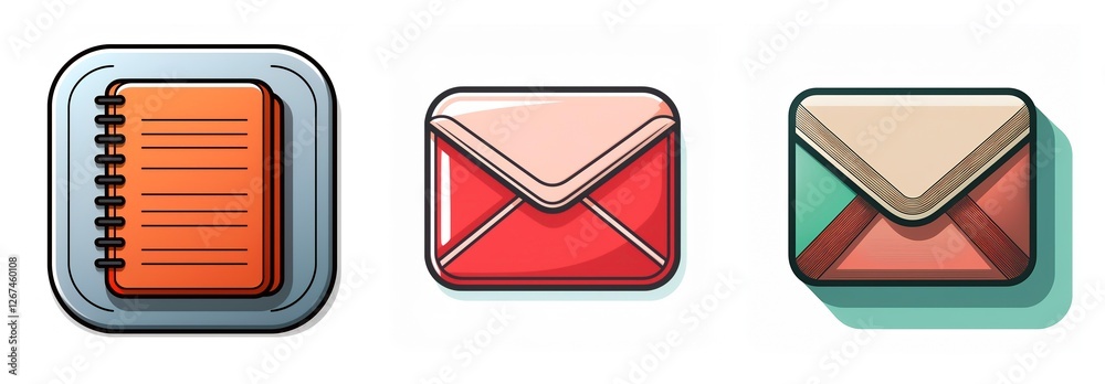 Poster Stylized icons of a spiral notebook and two envelopes are presented. The notebook is orange, while the envelopes are red and beige/green, all with a glossy, cartoonish look.