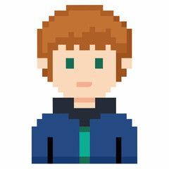 Pixel Art Character with Brown Hair and Green Eyes Wearing Blue Jacket