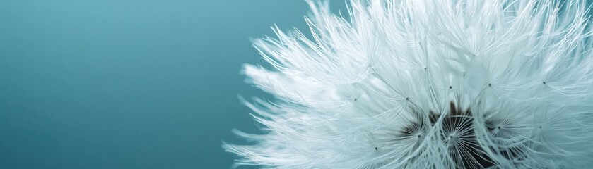 Fototapeta premium Close-up View of Delicate Dandelion Seeds on a Soft Blue Background in Natural Light