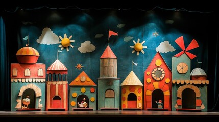 Whimsical Puppet Stage: A Colorful Town of Cardboard Houses and Playful Characters