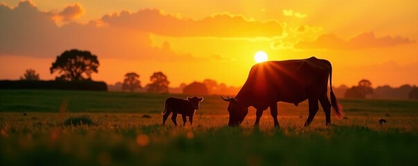 Fototapeta premium Silhouette of cow and calf grazing in a green meadow at sunset, nature, pasture, wildlife