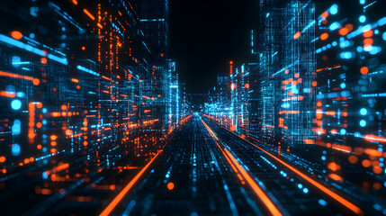 Obraz premium Abstract digital background with glowing cyberpunk cityscape and futuristic lights