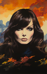 1970s-style music poster depicting the head and shoulders of a young woman dressed in a strappy black dress overlooking the Scottish Highlands in the dark autumnal winter.