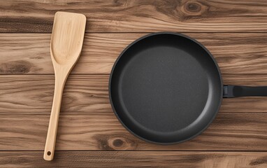 High-quality black frying pan with bamboo spatula for efficient cooking on a wooden surface in your kitchen