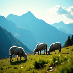 Silhouette of sheep flock grazing in mountain meadow, grazing, flock, animals