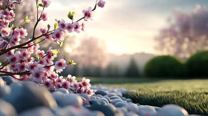 Fototapeta premium Dreamy garden scene, pastelcolored blossoms in soft sunlight, 3D illustration