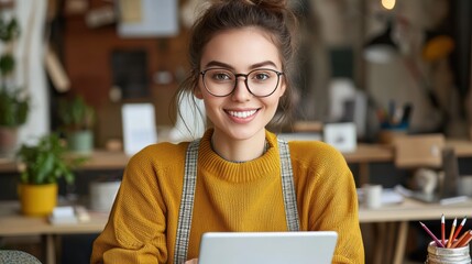 Young woman in cozy sweater smiling while using tablet in bright workspace with plants and cozy decor