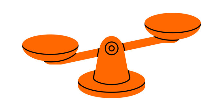 Hand drawn cute cartoon illustration of unbalance scales. Flat vector mass measurement device with tipped bowl doodle style. Inequality in weight icon or print. Justice and law concept. Isolated.