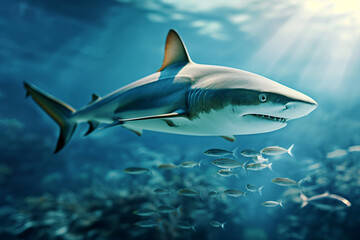 Fototapeta premium A majestic shark swimming through the deep blue ocean, surrounded by a school of small, darting fishes