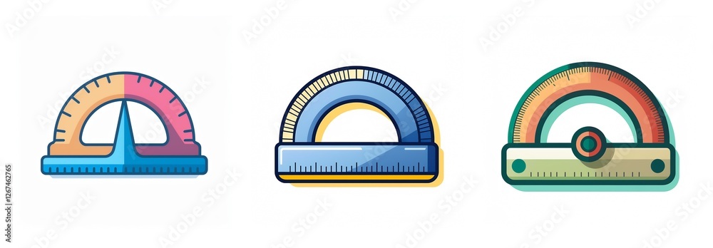 Poster three colorful protractors, each with a different design, are displayed. these semicircle-shaped too