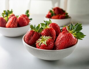 fresh strawberries into bowls on white table summer food concept soft focus