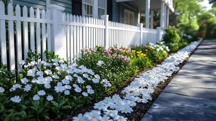 Fototapeta premium A white picket fence with a white border of flowers