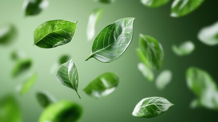 Floating green leaves, surreal nature fantasy, 3D illustration