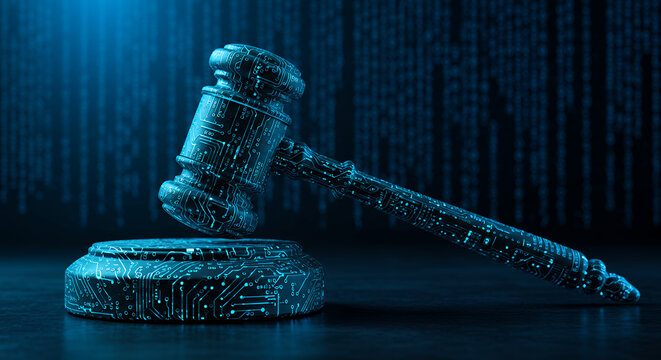 Digital Justice: Cyber Law Gavel & Data Stream, Tech Regulation, Online Law Enforcement, AI Ethics, Digital Rights & Legal Tech Concept