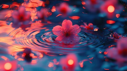 Ephemeral beauty, Cherry blossom afloat in tranquil ripples of cerulean light