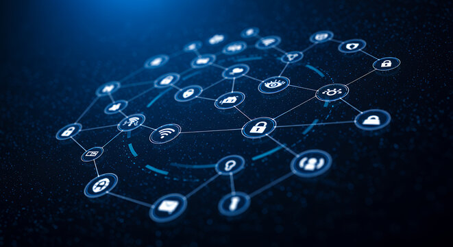 Network Security: Connecting Icons, Protecting Data - Cybersecurity, IoT, Cloud & Wireless Connectivity Visual Abstract