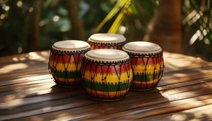 Vibrant Handcrafted Drums on Wooden Table Surrounded by Nature