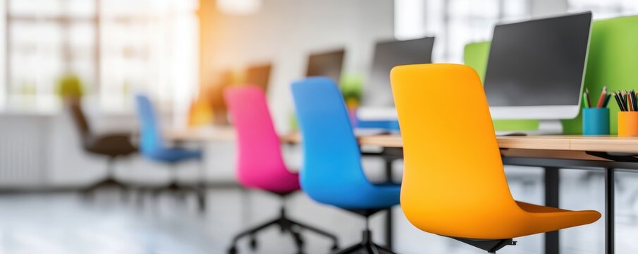A modern office workspace featuring colorful chairs and computers, promoting a vibrant and creative atmosphere.