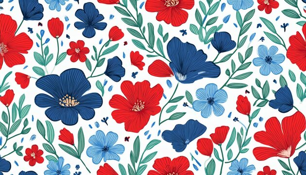 seamless pattern with red and blue flowers on white background hand drawn floral pattern for your fabric summer background wallpaper backdrop textile  illustration