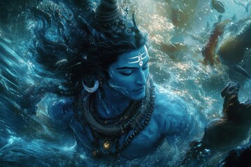 Lord Shiva's Aquatic Serenity: A Digital Depiction of Hindu Deity in Water