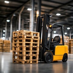 Yellow Forklift Lifting Pallets in a Warehouse