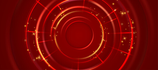 Red circle glowing lights on red background, vector abstract wallpaper