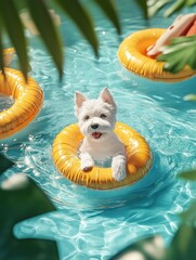 A funny white dog swims in a swimming circle in the pool. 3D illustration. A sunny summer day. Children's illustration. Holidays with pets, summer, heat. Learning to swim