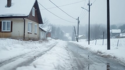 Fototapeta premium Ice storm approaching a quiet countryside, dark ominous clouds rolling in, atmospheric winter tension, frozen landscape