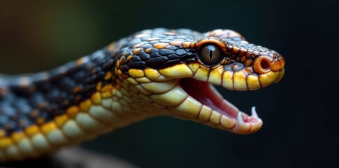 Obraz premium Snake's head in profile view with sharp eyes and forked tongue exposed, animal, reptilia