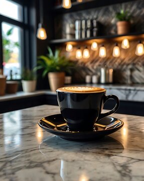A beautifully crafted cup of coffee with intricate latte art, served in a stylish caf&eacute; with warm lighting and a relaxing ambiance