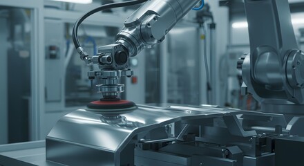 Industrial robotic arm polishing metal surface in factory tool grey blue work line steel shiny clean