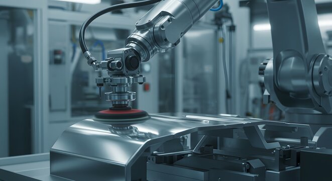 Industrial robotic arm polishing metal surface in factory tool grey blue work line steel shiny clean