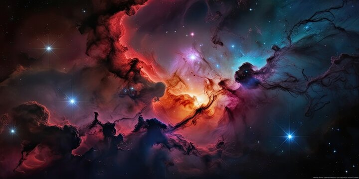 A mesmerizing cosmic nebula, with swirling clouds of interstellar gas forming intricate, fluid shapes and stars, sky space background, wallpaper, web banner
