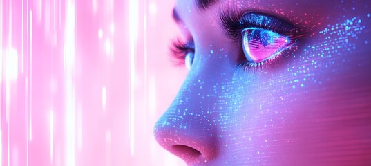Digital Vision. Close-Up Profile of a Woman with Futuristic Eye, Reflecting Data Streams.